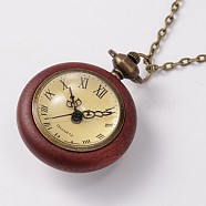 Long Brass Cable Chains Flat Round Rosewood Pocket Quartz Watches Necklaces, with Lobster Claw Clasps, Antique Bronze, 30 inch(NJEW-A289-21E)