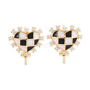 Brass Micro Pave Clear Cubic Zirconia Stud Earring Findings, with Enamel, for Half Drilled Beads, Nickel Free, Heart, Real 18K Gold Plated, Black, 14.5x12mm, Pin: 0.6mm, pin: 0.6mm(for half drilled beads)(KK-S364-067)