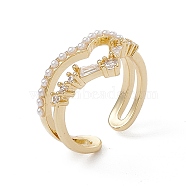 Clear Cubic Zirconia Crown Open Cuff Ring with Plastic Pearl Beaded, Rack Plating Brass Jewelry for Women, Cadmium Free & Lead Free, Real 18K Gold Plated, Inner Diameter: 17.2mm(RJEW-G276-13G)