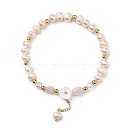 Stretch Charm Bracelets, with Natural Rose Quartz Beads, Natural Pearl & Shell Beads, Glass Beads, Brass Beads and Cable Chains, Flower, Inner Diameter: 2-1/4 inch(5.7cm)(BJEW-JB05315-03)