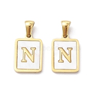 Ion Plating(IP) 304 Stainless Steel Pave Shell Pendants, Rectangle Charm, Real 18K Gold Plated, Letter N, 17.5x12x1.5mm, Hole: 3x5mm(STAS-G327-01G-N)