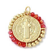 Rack Plating Real 18K Gold Plated Brass Saint Benedict Pendants, with Glass Beaded, Cadmium Free & Lead Free, Long-Lasting Plated, Red, 25.5x3mm, Hole: 4.3mm(KK-P245-01G-01)