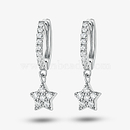 Rhodium Plated 925 Sterling Silver Micro Pave Cubic Zirconia Dangle Hoop Earrings for Women, Star, Platinum, 16x6mm(JR3651-2)