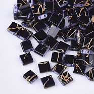 2-Hole Glass Seed Beads, Rectangle, Indigo, 5x4.5~5.5x2~2.5mm, Hole: 0.5~0.8mm(X-SEED-S023-26C-08)