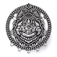 Tibetan Style Alloy Chandelier Component Links, Flat Round with Buddha, Antique Silver, 56x52x4mm, Hole: 3mm and 2mm(TIBE-L005-009AS)
