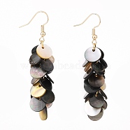 Natural Black Lip Shell Dangle Earrings, Cluster Earrings, with Brass Earring Hoops, Flat Round, Real 18K Gold Plated, 62x14mm, Pin: 0.6mm(EJEW-JE04370)