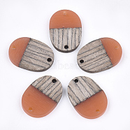 Resin & Wenge Wood Links connectors, Oval, Coral, 25x18x3~4mm, Hole: 2mm(RESI-S367-11A-07)