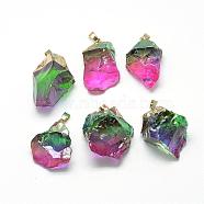 Natural Quartz Crystal  Pendants, with Brass Findings, Dyed, Nuggets, 35~55x20~40x10~30mm, Hole: 7x4mm(G-Q493-01G)