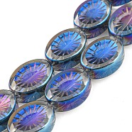 Electroplate Glass Beads Strands, Full Plated, Oval with Flower, Blue, 14x10.4x4.8mm, Hole: 1.2mm, about 45pcs/strand, 25.04 inch(63.6cm)(EGLA-G037-13A-FP02)