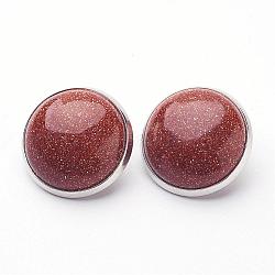 Synthetic Goldstone Brass Clip-on Earrings, Flat Round, Platinum, 14~15x12~13mm(EJEW-A051-A012)