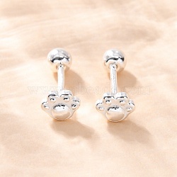 S999 Fine Silver Stud Earrings, Paw Print, Silver, 4x5mm(EJEW-F356-06S)