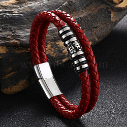 Stainless Steel Skull Beaded Leather Double Layer Multi-strand Bracelet, Gothic Bracelet with Magnetic Clasp for Men, Red, 7-3/4 inch(19.6cm)(SKUL-PW0004-26A-02)