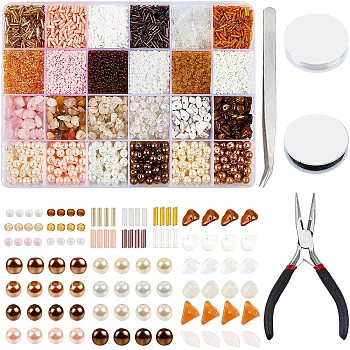 DIY Beads Jewelry Kits, with Glass Pearl Beads, Gemstone Beads, Elastic Crystal Thread, Carbon Steel Needle Nose Pliers, Mixed Color