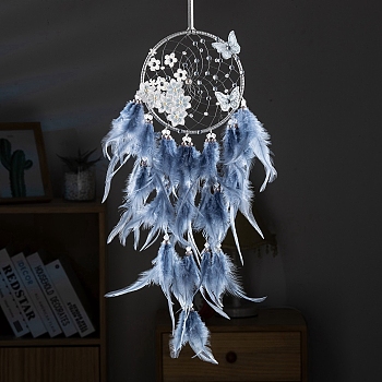 Butterfly Woven Web/Net with Feather Decorations, for Home Bedroom Hanging Decorations, Steel Blue, 600x160mm