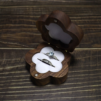 Flower Wood Wedding Ring Storage Boxes with Velvet Inside, Wooden Couple Ring Gift Case with Magnetic Clasps, Saddle Brown, 7x3.6cm