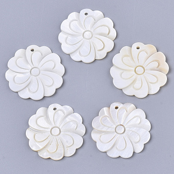 Natural Freshwater Shell Pendants, Flower, Creamy White, 30x2mm, Hole: 1.6mm