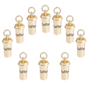 10Pcs Brass Pendants, with Jump Rings, Long-Lasting Plated, Coffee Cup with Word Coffee, Real 18K Gold Plated, 15x7.5mm, Hole: 3mm
