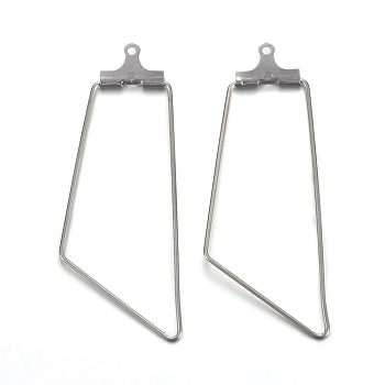 304 Stainless Steel Pendants, Hoop Earring Findings, Trapezoid, Stainless Steel Color, 21 Gauge, 45.5x20x1.5mm, Hole: 1mm, Inner Size: 16x38mm, Pin: 0.7mm