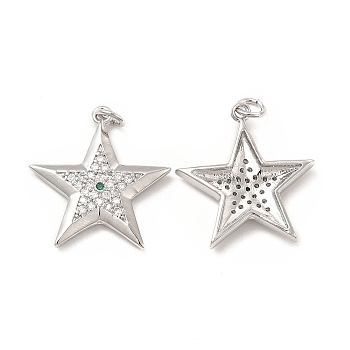 Brass Micro Pave Cubic Zirconia Pendants, with Jump Ring, Star Charm, Platinum, 23x21.7x3.2mm, Hole: 2.5mm