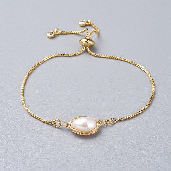 Brass Slider Bracelets, Bolo Bracelets, with Natural Baroque Pearl Keshi Pearl Beads and Box Chains, Golden, Single Chain Length: about 4-3/4 inch(12cm)