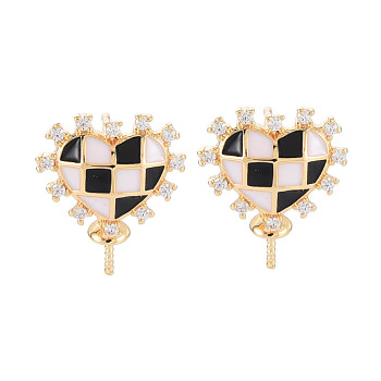 Brass Micro Pave Clear Cubic Zirconia Stud Earring Findings, with Enamel, for Half Drilled Beads, Nickel Free, Heart, Real 18K Gold Plated, Black, 14.5x12mm, Pin: 0.6mm, pin: 0.6mm(for half drilled beads)