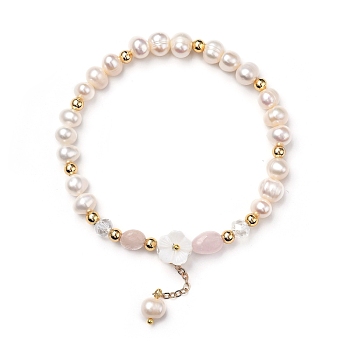Stretch Charm Bracelets, with Natural Rose Quartz Beads, Natural Pearl & Shell Beads, Glass Beads, Brass Beads and Cable Chains, Flower, Inner Diameter: 2-1/4 inch(5.7cm)