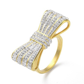 Ion Plating(IP) 304 Stainless Steel Rhinestone Wide Band Rings for Women, Bowknot, Golden, US Size 7(17.3mm)