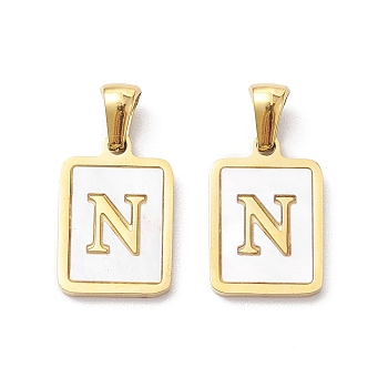Ion Plating(IP) 304 Stainless Steel Pave Shell Pendants, Rectangle Charm, Real 18K Gold Plated, Letter N, 17.5x12x1.5mm, Hole: 3x5mm