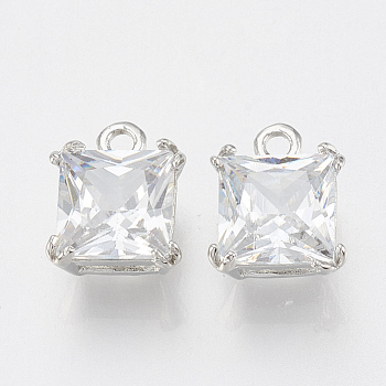 Alloy Cubic Zirconia Charms, Square, Platinum, 12x9.5x6mm, Hole: 1.6mm