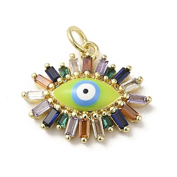Brass Enamel Pendants, with Glass and Jump Ring, Real 18K Gold Plated, Evil Eye Charm, Yellow Green, 17x20.5x5mm, Hole: 3.5mm