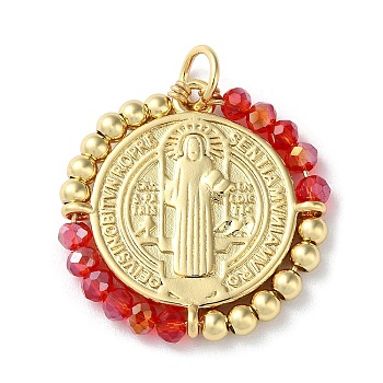 Rack Plating Real 18K Gold Plated Brass Saint Benedict Pendants, with Glass Beaded, Cadmium Free & Lead Free, Long-Lasting Plated, Red, 25.5x3mm, Hole: 4.3mm