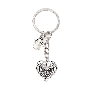 Alloy Pendant Keychain, with Iron Split Key Rings, Angel & Heart Wing, Antique Silver & Platinum, 7.6cm