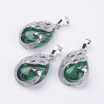 Synthetic Malachite Pendants, with Brass Finding, Teardrop with Peacock, Platinum, 33x20x10.5mm, Hole: 5x6.5mm