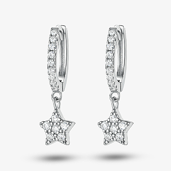 Rhodium Plated 925 Sterling Silver Micro Pave Cubic Zirconia Dangle Hoop Earrings for Women, Star, Platinum, 16x6mm