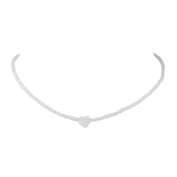 Glass Beads with Shell Heart  Necklaces, White, 17.99 inch(45.7cm)