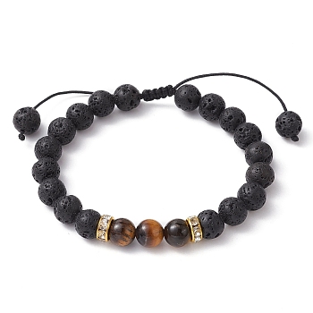 Natural Lava Rock & Tiger Eye Braided Bead Bracelets, Adjustable Bracelet with Brass Rhinestone Beaded, Golden, Inner Diameter: 2-1/8~3 inch(5.4~7.5cm)