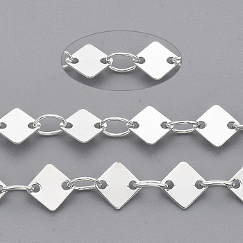 Soldered Brass Link Chains, with Spool, Rhombus, Silver Color Plated, 3.8x2.5x0.5mm, about 39.37 Feet(12m)/roll