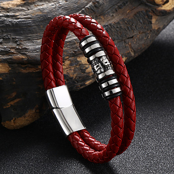 Stainless Steel Skull Beaded Leather Double Layer Multi-strand Bracelet, Gothic Bracelet with Magnetic Clasp for Men, Red, 7-3/4 inch(19.6cm)