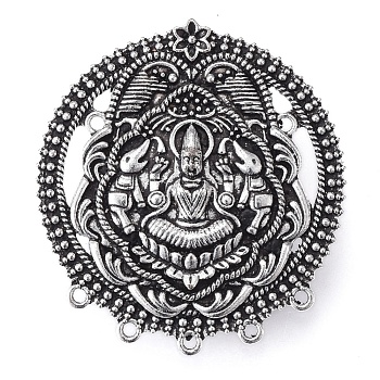 Tibetan Style Alloy Chandelier Component Links, Flat Round with Buddha, Antique Silver, 56x52x4mm, Hole: 3mm and 2mm
