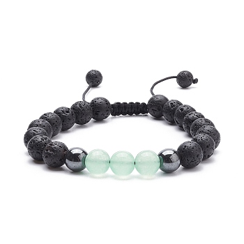 Natural Malaysia Jade(Dyed) & Lava Rock & Synthetic Hematite Braided Bead Bracelet, Essential Oil Gemstone Jewelry for Women, Light Cyan, Inner Diameter: 2-1/8~3-1/4 inch(5.4~8.3cm)