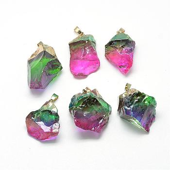 Natural Quartz Crystal  Pendants, with Brass Findings, Dyed, Nuggets, 35~55x20~40x10~30mm, Hole: 7x4mm