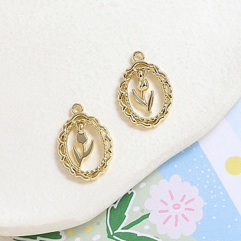 Alloy Pendants, Oval with Flower Charm, Golden, 23x16mm