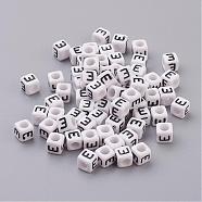 Acrylic Horizontal Hole Letter Beads, Cube, White, Letter E, Size: about 6mm wide, 6mm long, 6mm high, hole: about 3.2mm, about 2600pcs/500g(PL37C9308-E)
