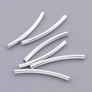 Curved Brass Tube Beads, Silver Color Plated, about 2mm wide, 25mm long, hole: 1mm(EC297-S)