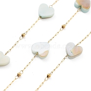 Handmade Heart Natural Shell Beaded Chains, with Ion Plating(IP) 304 Stainless Steel Paperclip Chains, Unwelded, Real 18K Gold Plated, 2.2x1x0.5mm(CHS-P019-05G)