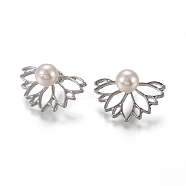 Alloy Stud Earrings, Front Back Stud Earrings, with Plastic Imitation Pearl Beads and Ear Nuts, Flower, Platinum, 16x24.5x1.5mm, Pin: 0.8mm(EJEW-H107-01P)