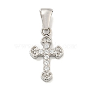 304 Stainless Steel Cubic Zirconia Pendants, Cross Charm, Stainless Steel Color, 18x10.5x2.5mm, Hole: 6x3mm(STAS-C102-04G-P)