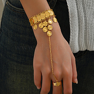 Brass Flower Charm Bracelet with Coin Chains, Adjustable Ring Bracelet, Real 18K Gold Plated, 7-1/8 inch(18cm)(KT5294)