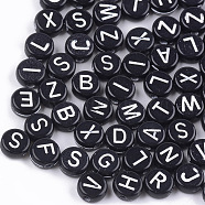 Craft Style Acrylic Beads, Horizontal Hole, Flat Round with Letter, Black, 7x3mm, Hole: 1.5mm, about 4100pcs/500g(MACR-T023-26)