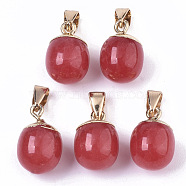 Top Golden Plated Natural White Jade Pendants, with Iron Snap on Bails & Loop, Barrel, Dyed, Crimson, 17~19x11.5~12.5mm, Hole: 4x6mm(G-T131-03R)